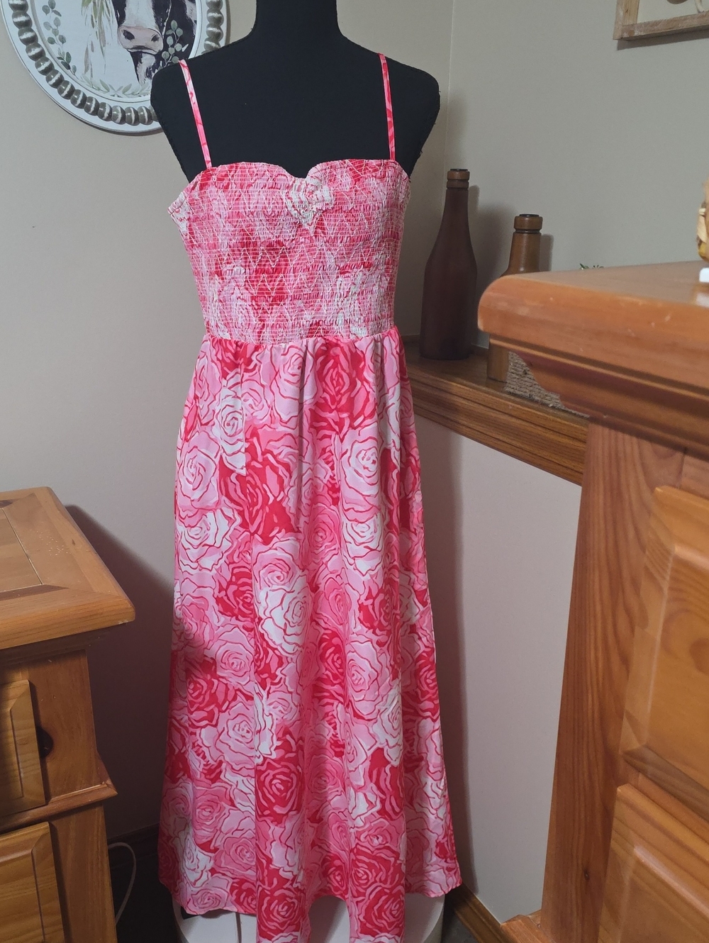 Pink Rose Print Maxi Dress with Smocked Bodice